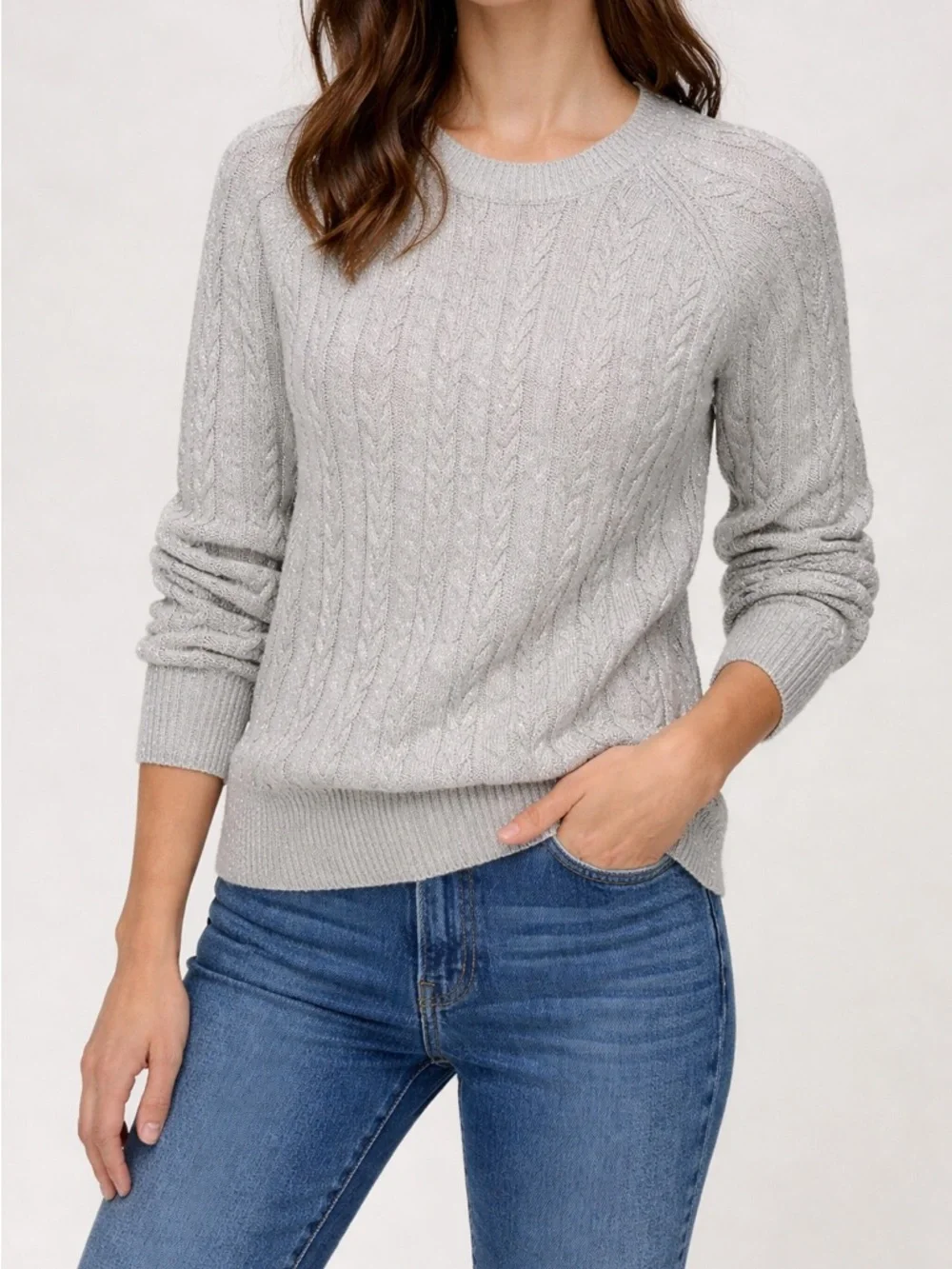 Athleta Womens‎ Crossroads Cable Knit Sweater Small Gray Metallic Merino Blend